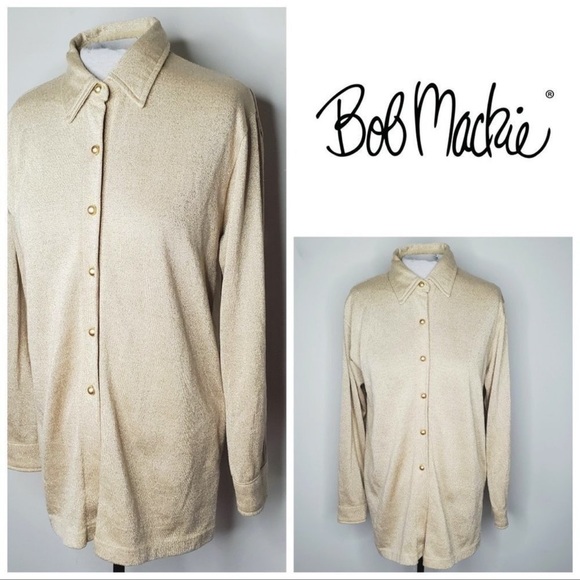 Rare Bob Mackie Studio Med Gold Metallic Knit Tailored ButtonDown Top Shirt 90s - Picture 1 of 14